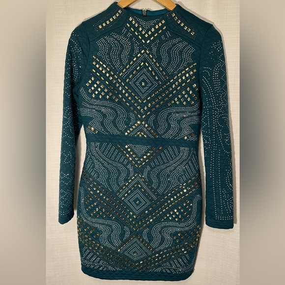 XTaren Teal Green Long Sleeve Quilted Dress Gold and Silver Stones Size Large - Picture 3 of 16
